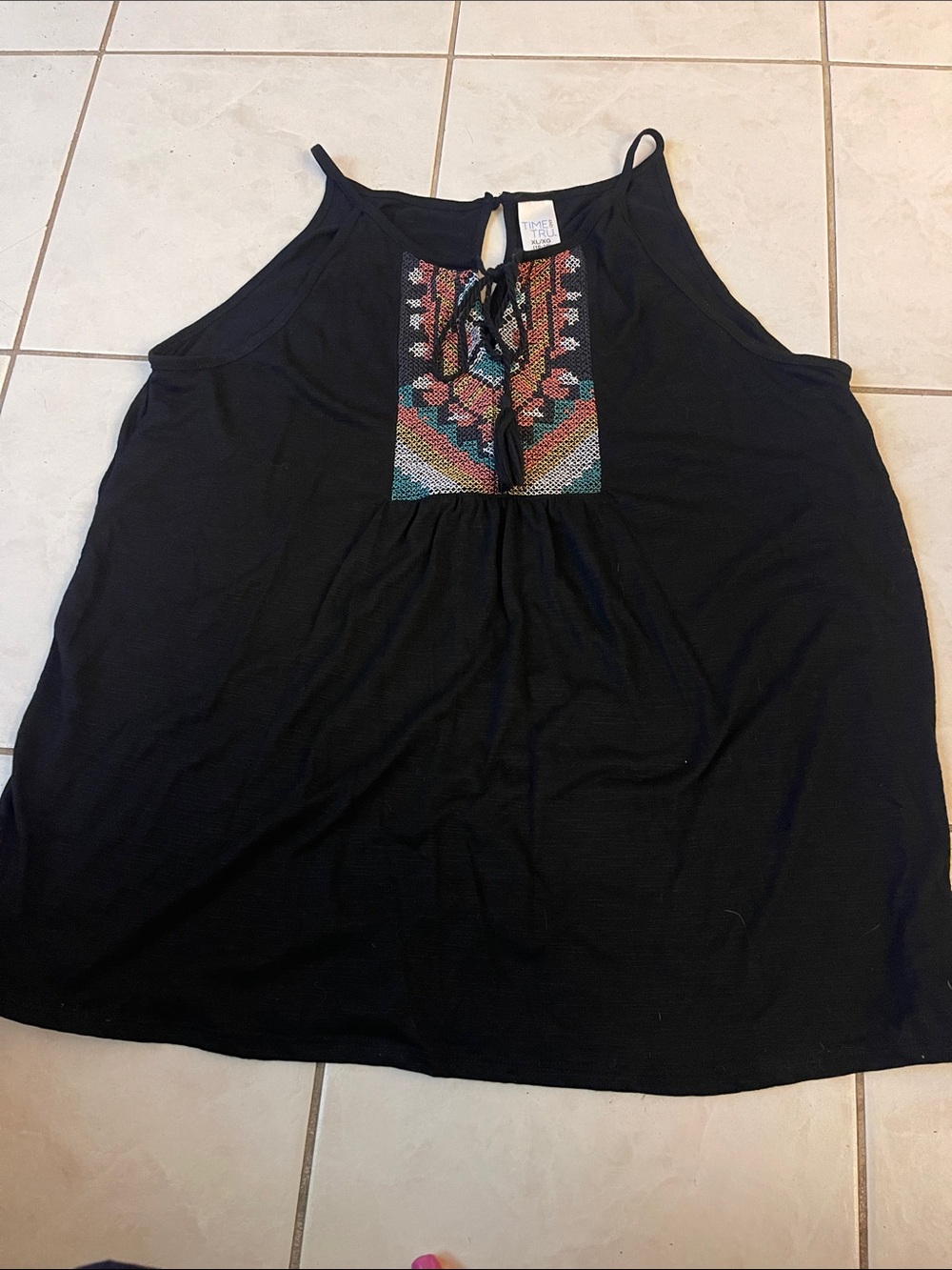 Time and Tru Black Tank Top with Multicolor Embroidered Front
